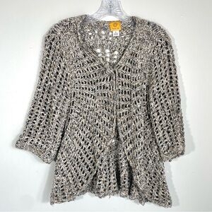 Ruby Rd Open Knit Cardigan XL Neutral Boho Crochet Button Front  Sweater